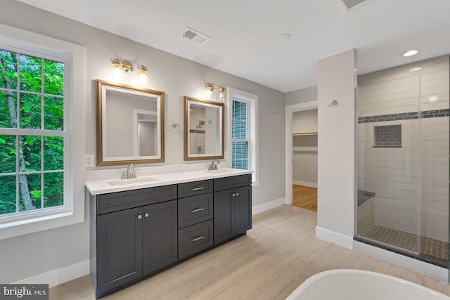 bathroom featuring hardwood / wood-style flooring, plus walk in shower, a healthy amount of sunlight, and vanity