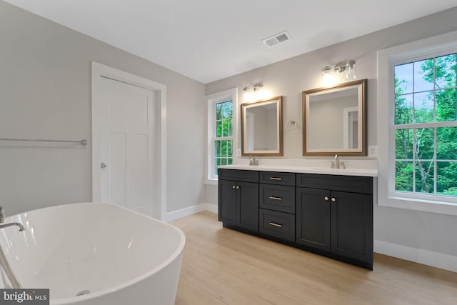 bathroom featuring vanity, a tub, and hardwood / wood-style floors