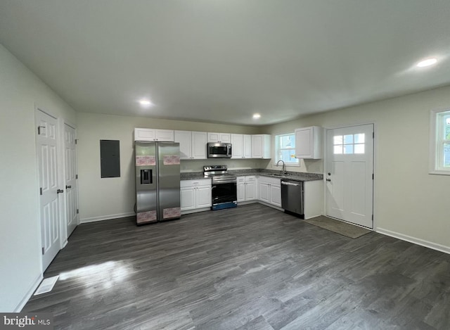 kitchen featuring white cabinetry, dark hardwood / wood-style flooring, stainless steel appliances, and sink