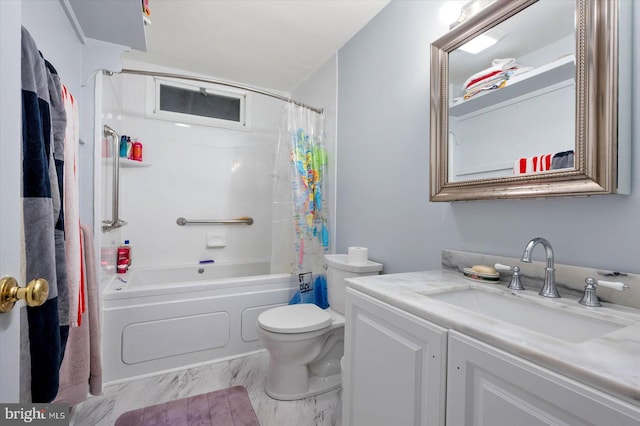 full bathroom featuring shower / tub combo with curtain, vanity, tile floors, and toilet