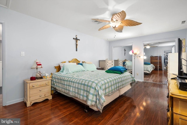 bedroom featuring hardwood / wood-style floors, a closet, and ceiling fan