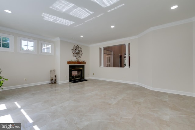 unfurnished living room featuring crown molding, a fireplace, and light tile floors