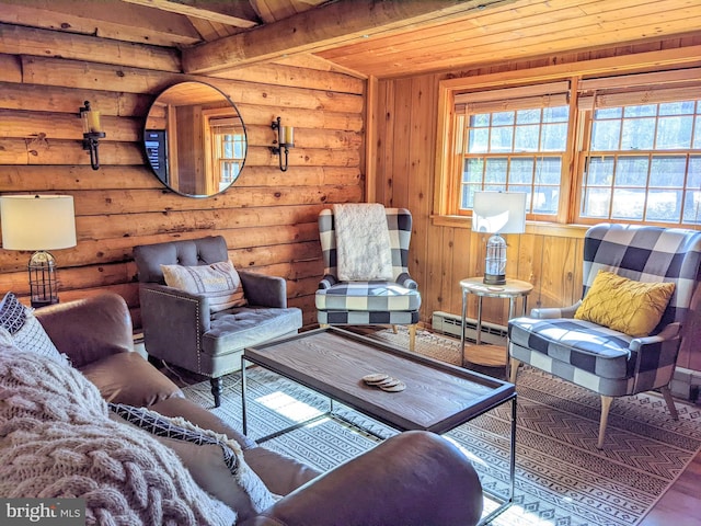 living room with beamed ceiling, hardwood / wood-style flooring, baseboard heating, wooden ceiling, and log walls