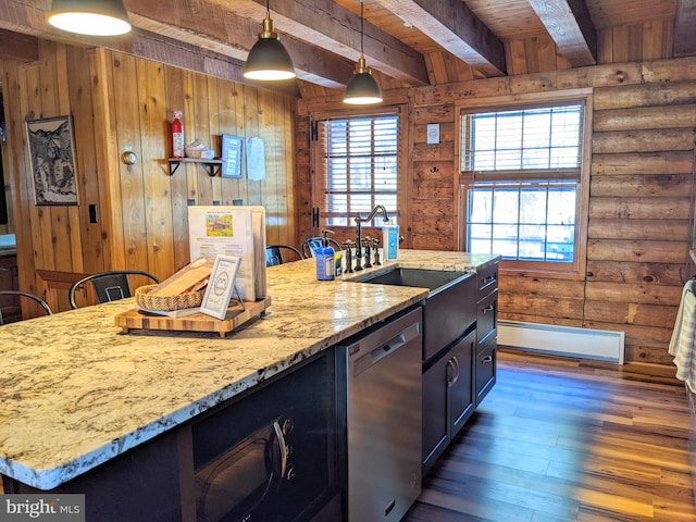 kitchen with a center island with sink, dishwasher, dark wood-type flooring, beamed ceiling, and a baseboard radiator