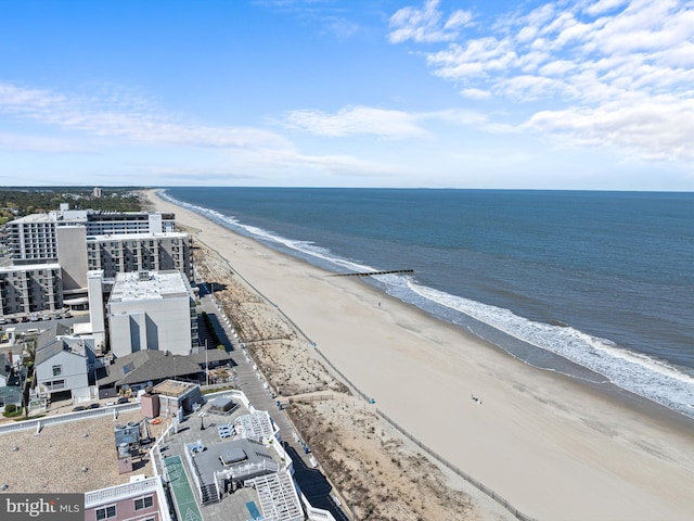 bird's eye view with a view of the beach and a water view