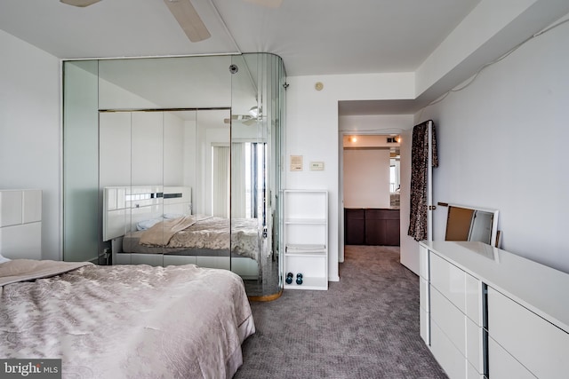 bedroom featuring a closet, ceiling fan, and dark carpet