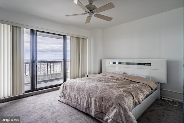 bedroom featuring ceiling fan, carpet, and multiple windows