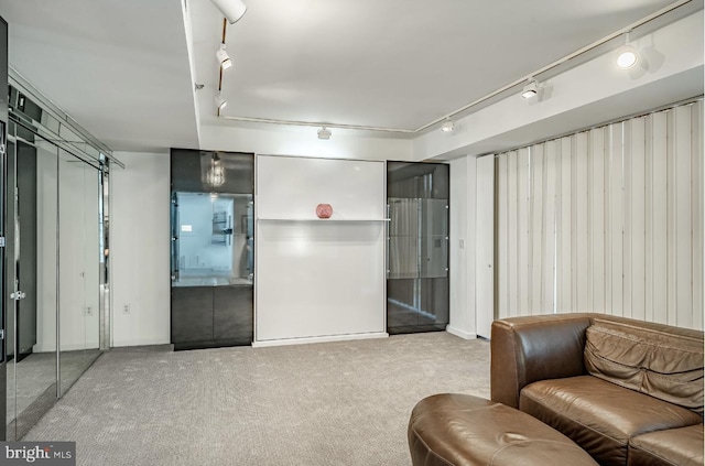 carpeted living room featuring track lighting