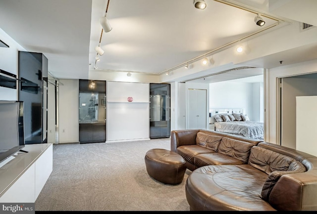 living room featuring rail lighting and light carpet