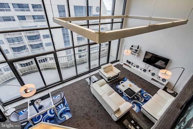 carpeted living room with plenty of natural light, floor to ceiling windows, and a high ceiling