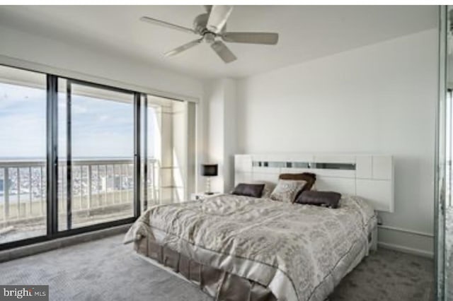 bedroom with multiple windows, ceiling fan, and carpet flooring