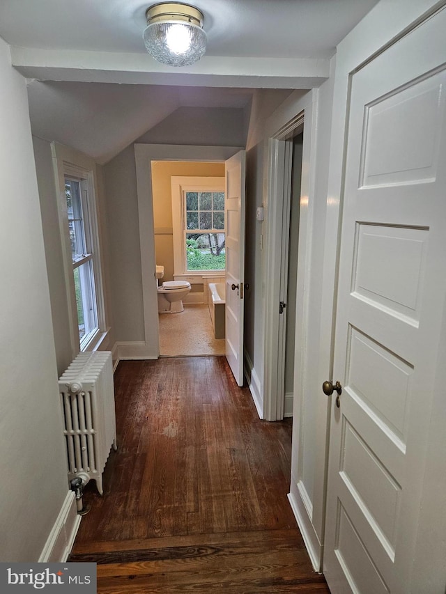 hallway with dark hardwood / wood-style flooring, radiator heating unit, and lofted ceiling