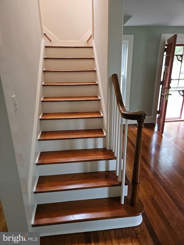 staircase with hardwood / wood-style floors