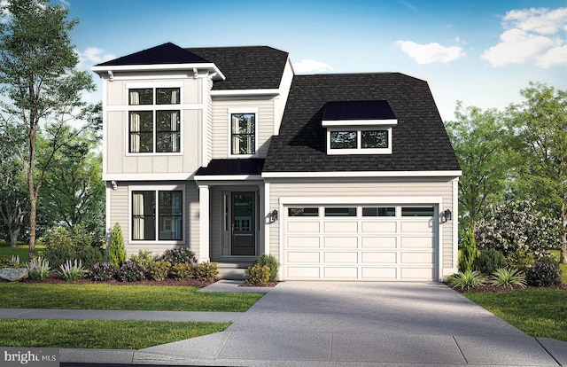 view of front facade with a garage and a front lawn