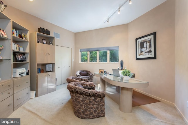 sitting room with rail lighting and light carpet