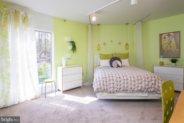 bedroom with light carpet