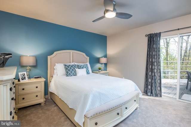 bedroom with ceiling fan, light carpet, and access to exterior