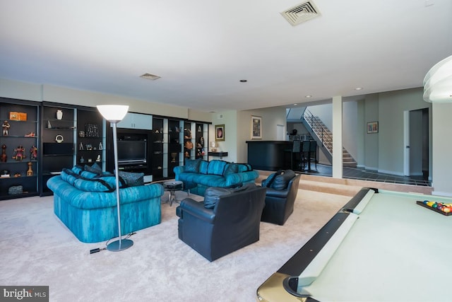 living room featuring pool table and carpet flooring