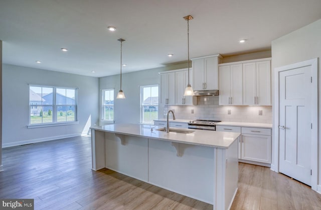 kitchen featuring a healthy amount of sunlight, white cabinetry, and stainless steel range