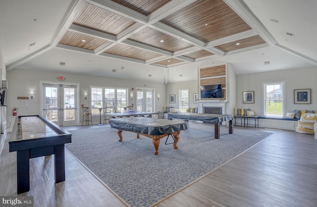 rec room with hardwood / wood-style floors, plenty of natural light, pool table, and french doors