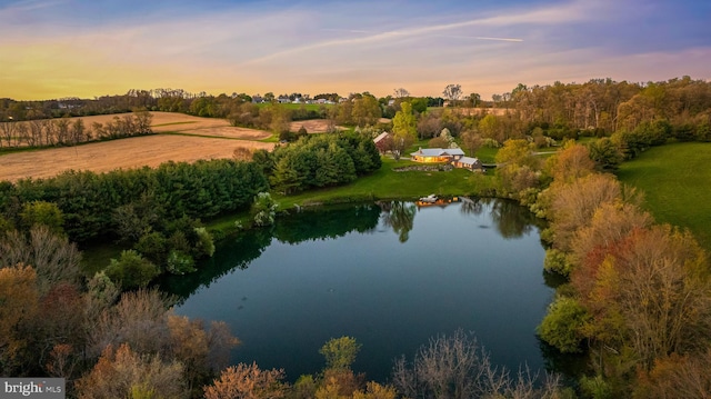 aerial view at dusk with a water view