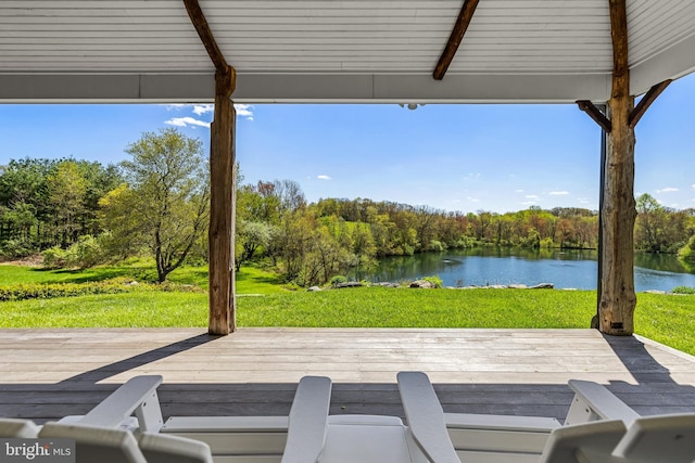 view of terrace featuring a deck with water view