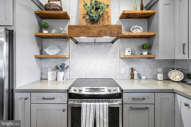 kitchen with backsplash, gray cabinetry, and stainless steel appliances