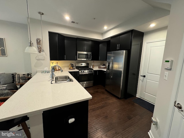 kitchen featuring a sink, stainless steel appliances, a peninsula, and dark cabinetry