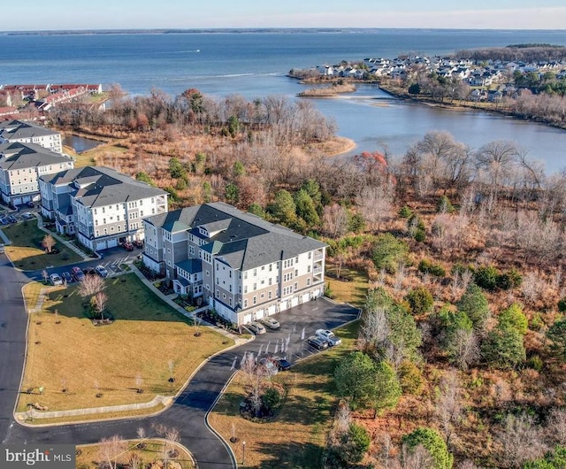 drone / aerial view featuring a water view