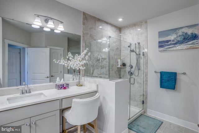 bathroom featuring an enclosed shower, vanity, and tile flooring