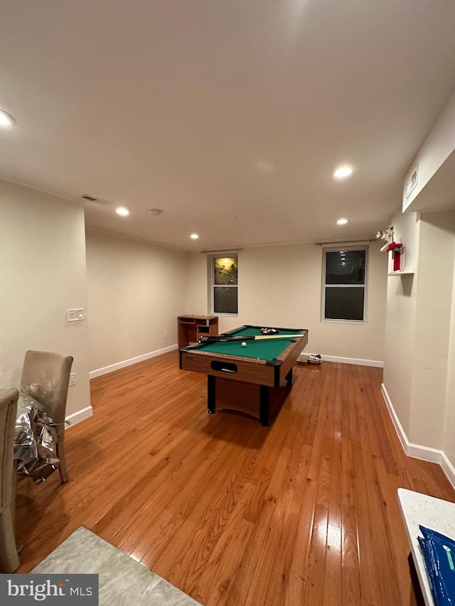 recreation room featuring wood-type flooring and billiards