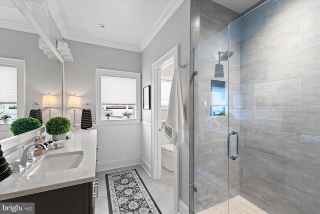 bathroom with oversized vanity, toilet, crown molding, tile flooring, and an enclosed shower