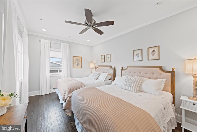 bedroom with crown molding, ceiling fan, and dark hardwood / wood-style flooring