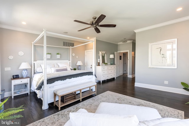 bedroom featuring ceiling fan, ornamental molding, and dark wood-type flooring