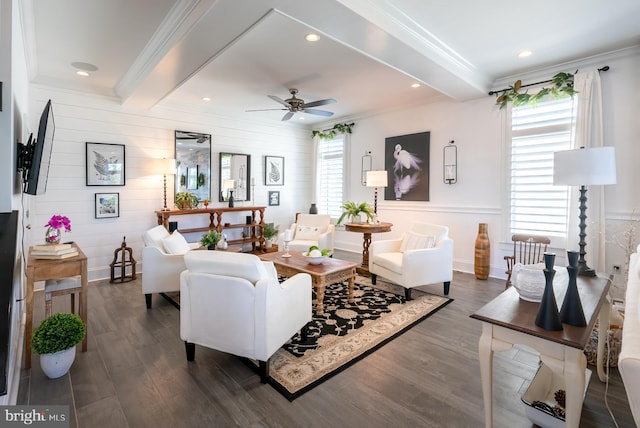 living room with beamed ceiling, crown molding, ceiling fan, and dark hardwood / wood-style flooring