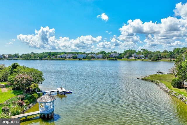 property view of water with a dock