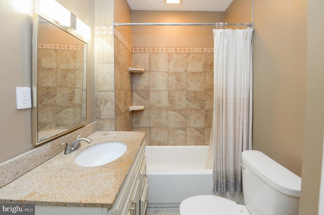 full bathroom featuring shower / bath combo, toilet, and large vanity