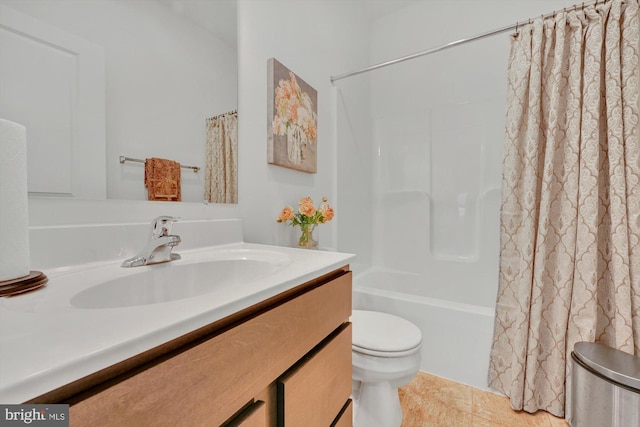 full bathroom with tile patterned floors, vanity, shower / bath combination with curtain, and toilet