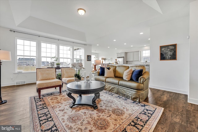 living room featuring plenty of natural light and dark hardwood / wood-style floors