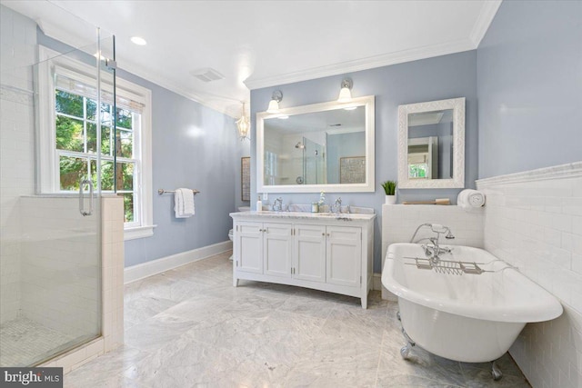 bathroom featuring shower with separate bathtub, crown molding, and vanity