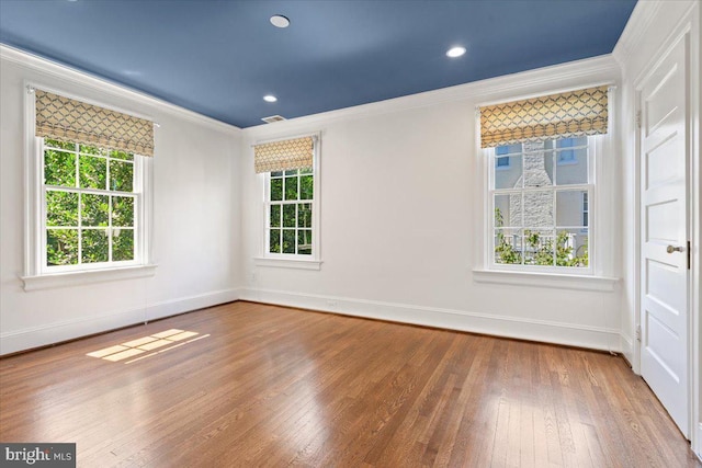 empty room featuring crown molding, hardwood / wood-style flooring, and a healthy amount of sunlight