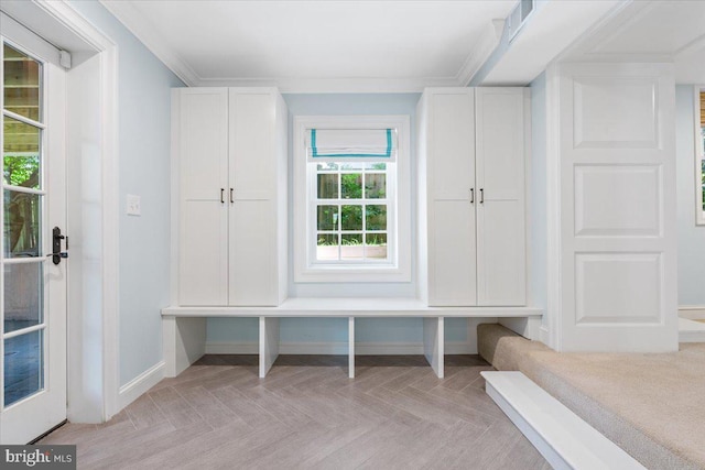 mudroom featuring crown molding and light parquet flooring