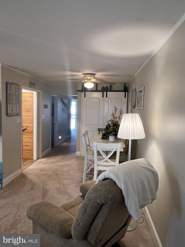 carpeted living room featuring ceiling fan and crown molding