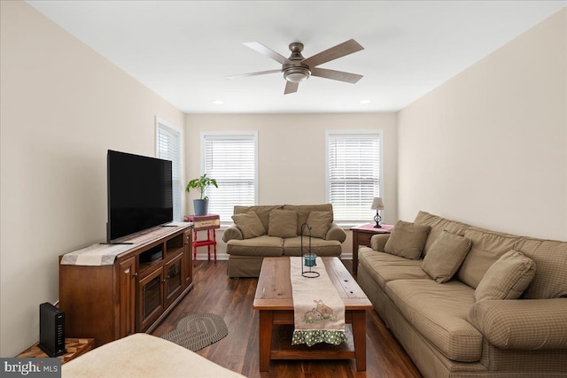 living room featuring dark wood-type flooring and ceiling fan