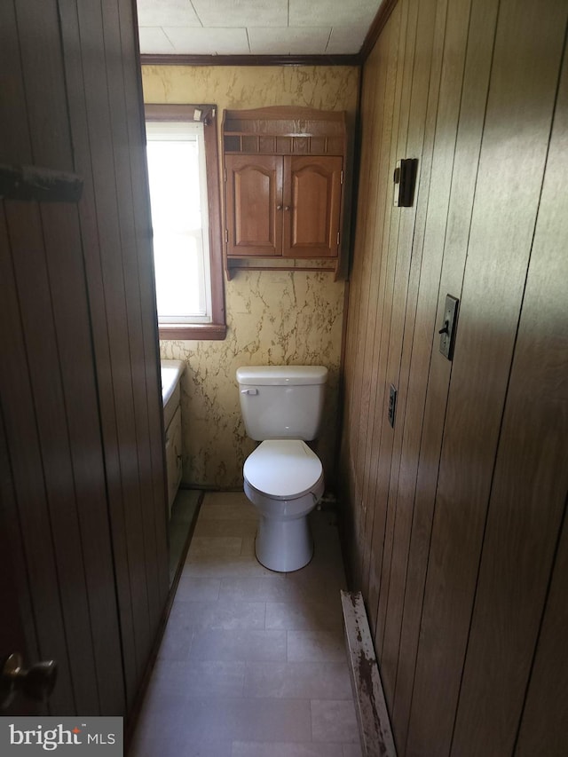 bathroom featuring wood walls, vanity, and toilet