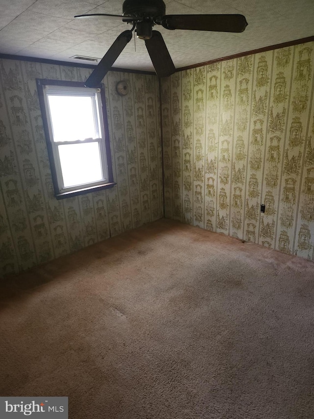 carpeted spare room with ceiling fan