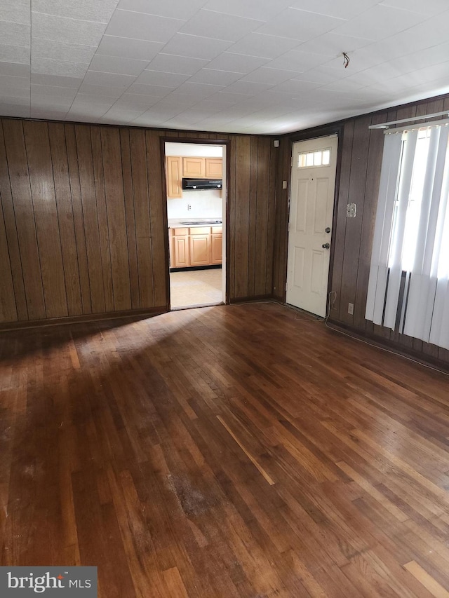 interior space featuring wooden walls and dark hardwood / wood-style floors