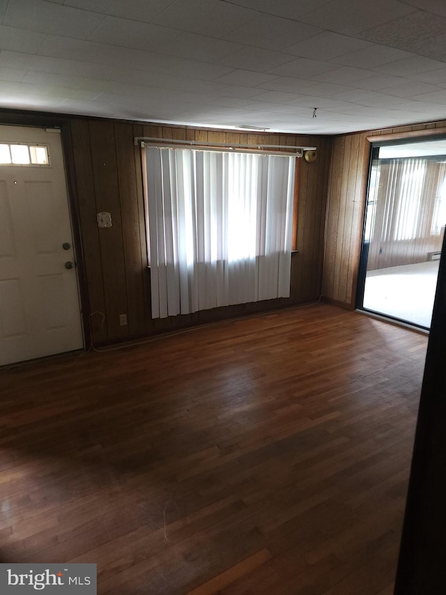 foyer entrance with a wealth of natural light, dark hardwood / wood-style flooring, and wooden walls