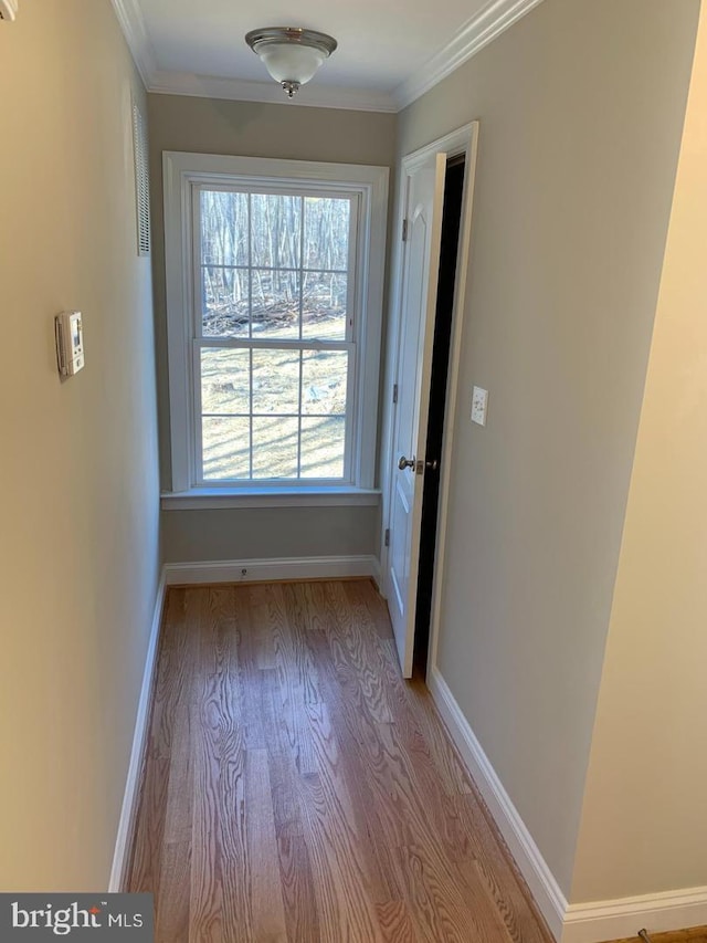 interior space featuring crown molding and light wood-type flooring