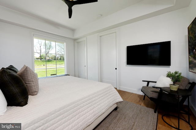 bedroom featuring ceiling fan and wood-type flooring